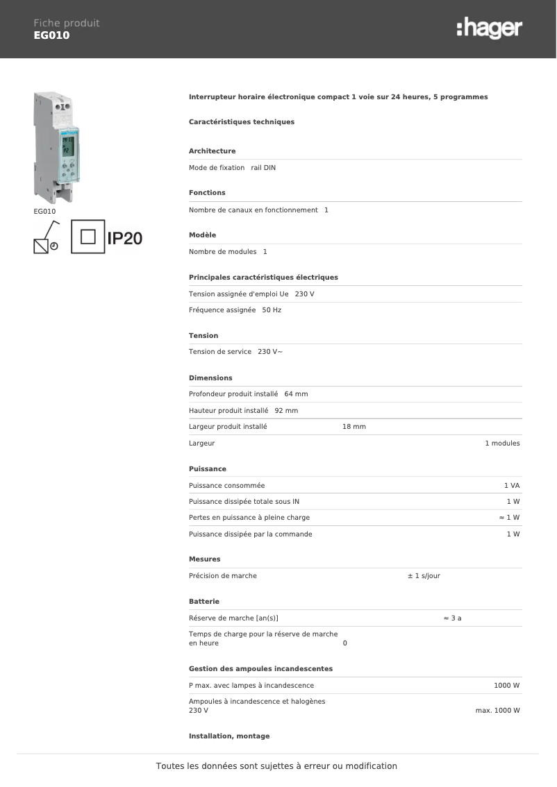 Página 1 del manual Ficha técnica Hager EG010