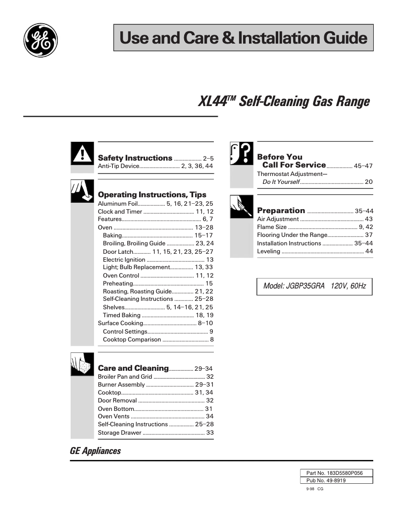 Imagen de la primera página del manual del dispositivo JGBP35GRAWW