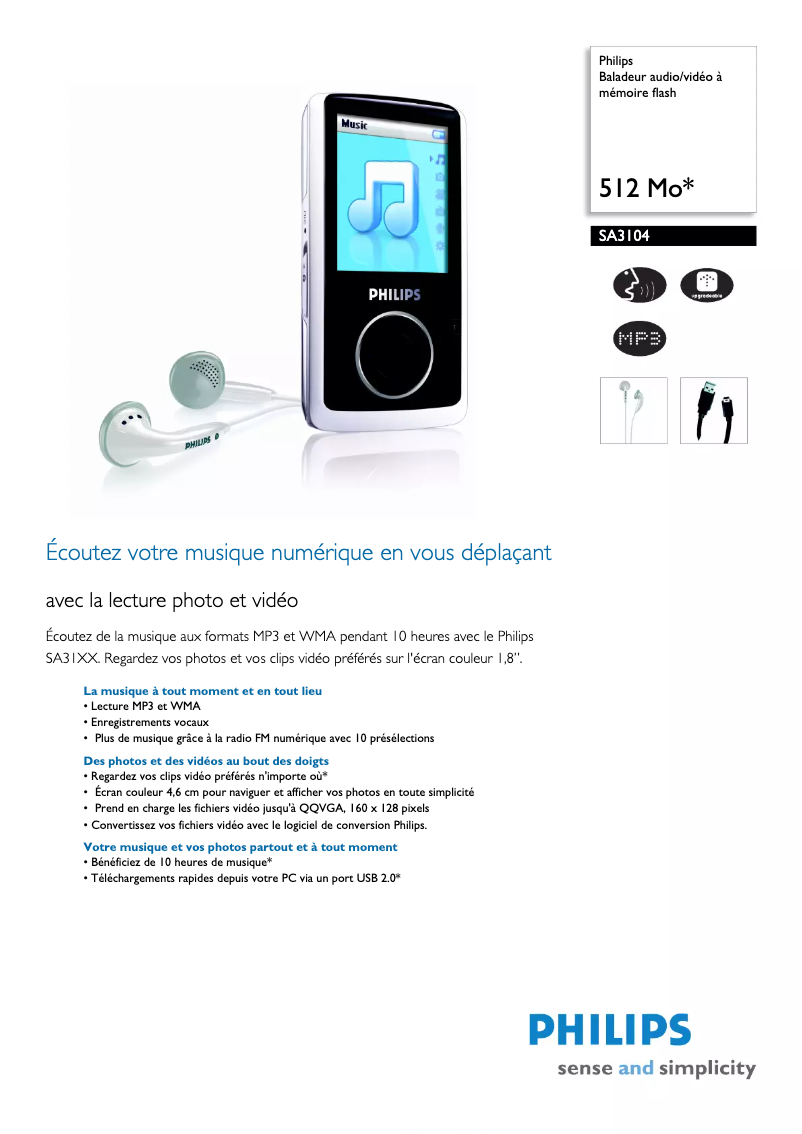 Página 1 del manual Ficha técnica Philips GoGear SA3104