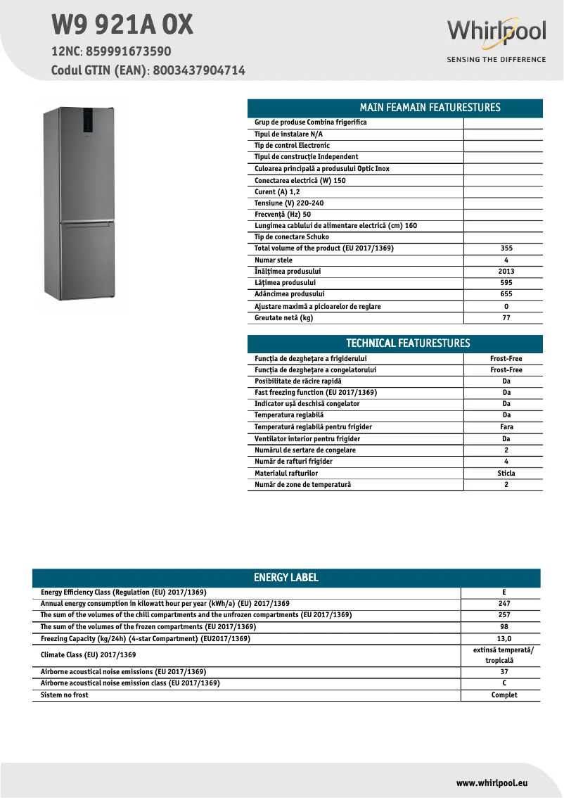 Página 1 del manual Ficha técnica Whirlpool W9 921A OX