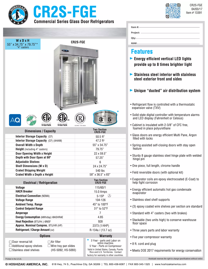 Página nº 1 - Ficha técnica Hoshizaki Commercial CR2S-FGE