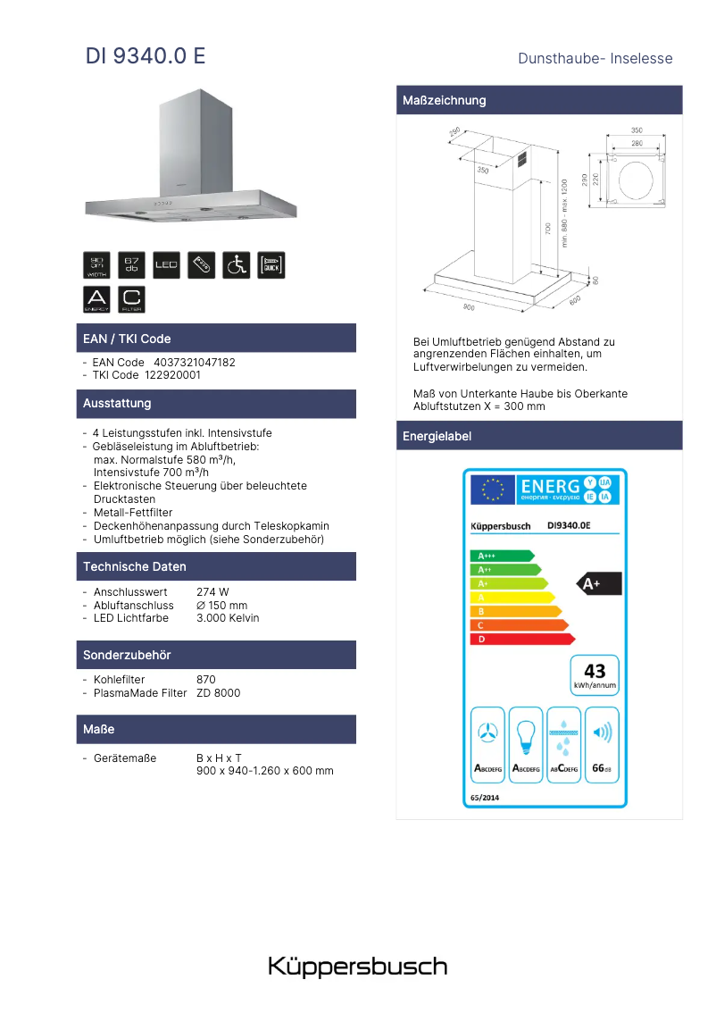 Página 1 del manual Ficha técnica Küppersbusch DI9340.0E