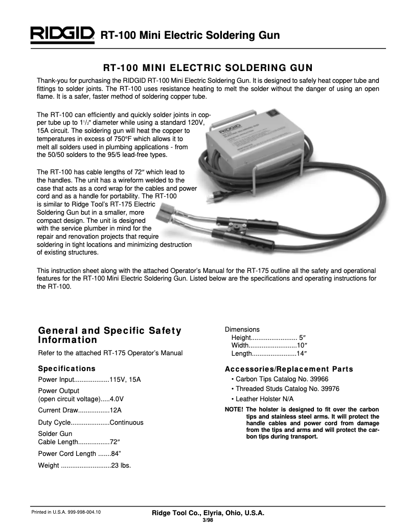Página nº 1 - Manual de usuario Ridgid RT-100
