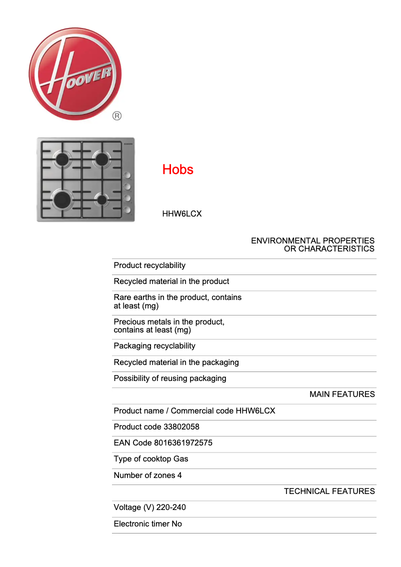 Página 1 del manual Ficha técnica Hoover HHW6LCX