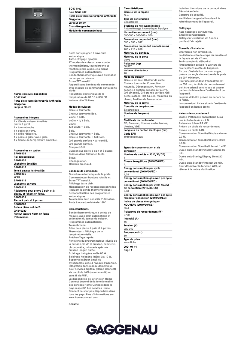 Página 1 del manual Ficha técnica Gaggenau BO471102