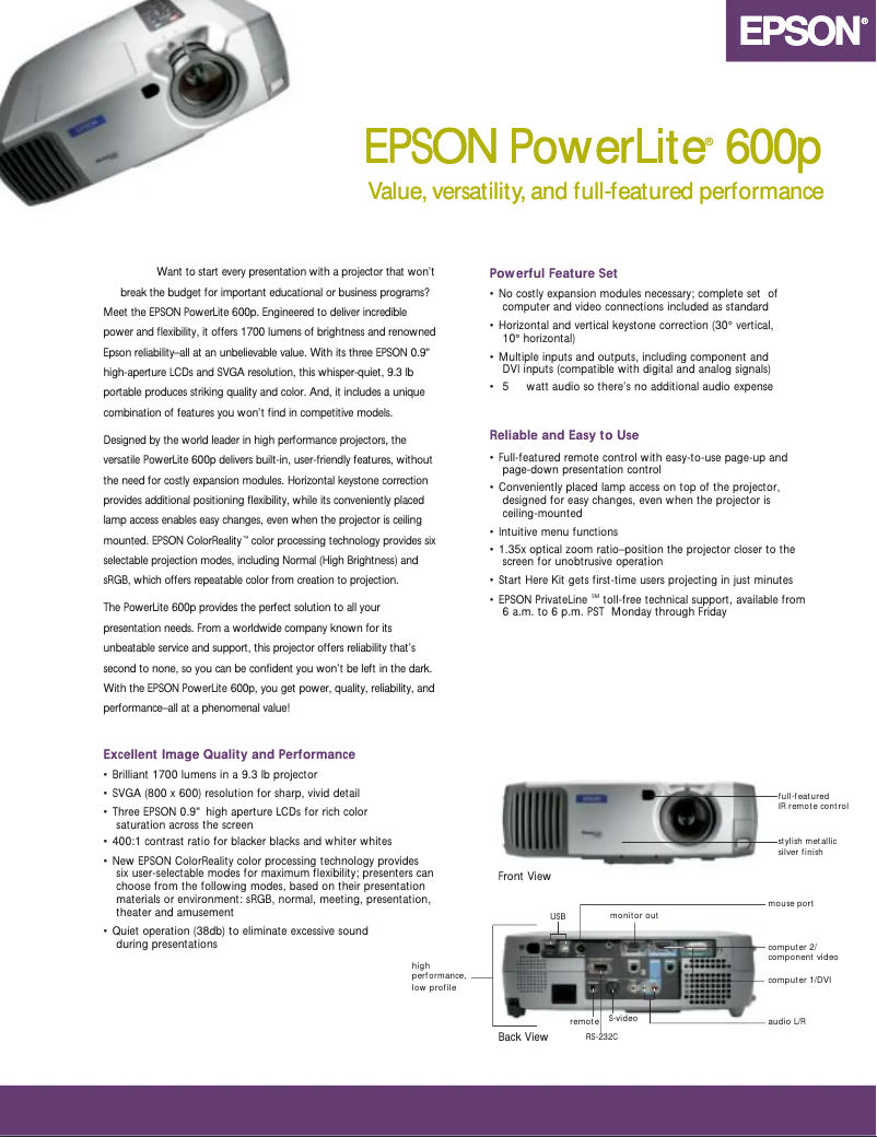 Imagen de la primera página del manual del dispositivo PowerLite 600p