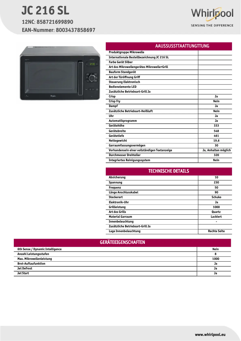 Imagen de la primera página del manual del dispositivo JC 216 SL