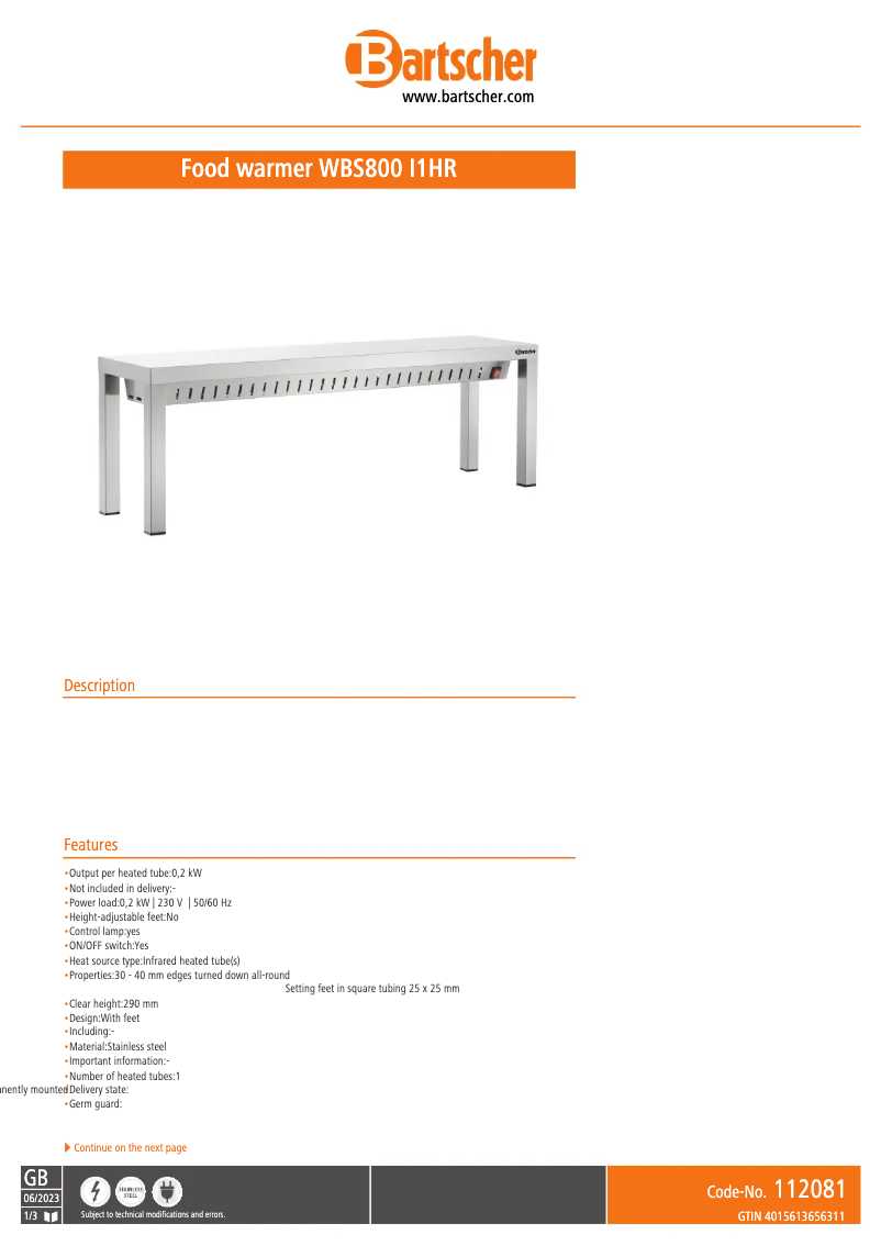Página 1 del manual Ficha técnica Bartscher WBS800 I1HR