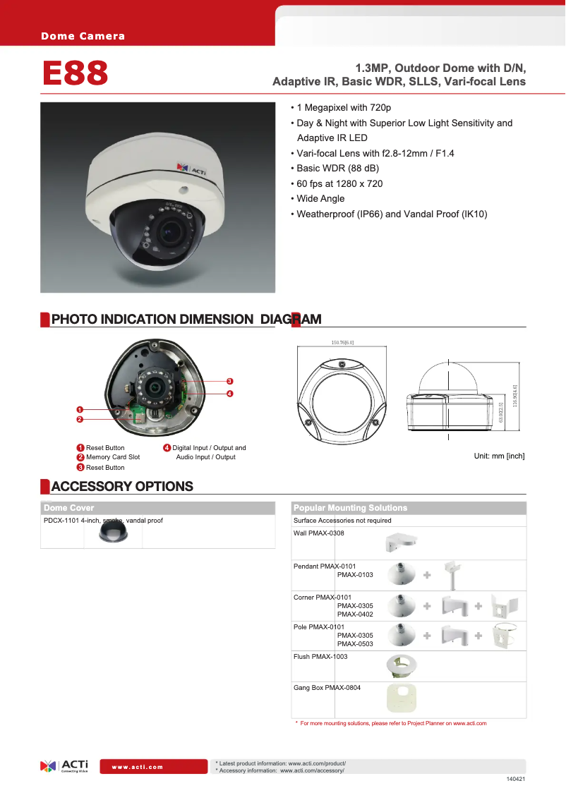 Página 1 del manual Ficha técnica ACTi E88