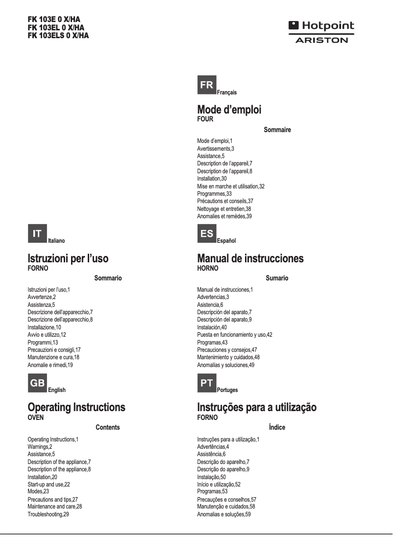 Página 1 del manual Manual de usuario Hotpoint Ariston FK 103EL 0 X/HA