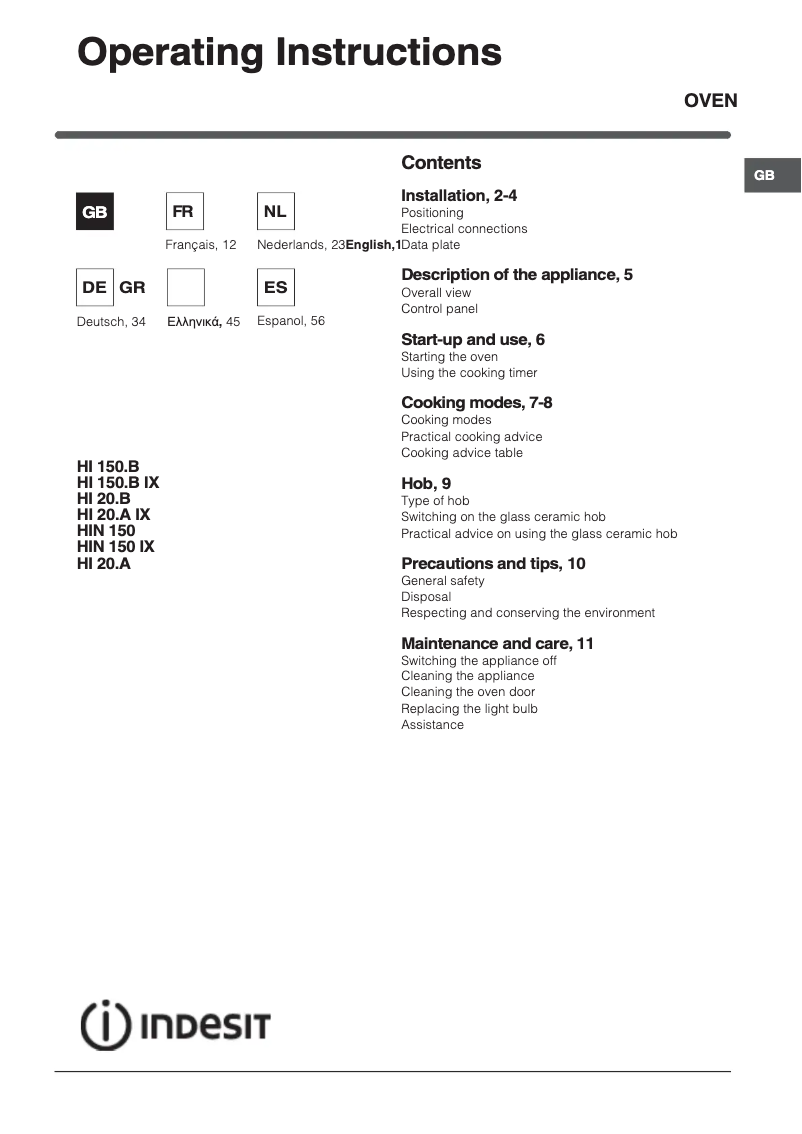 Página nº 1 - Manual de usuario Indesit HI 20.A (BK)