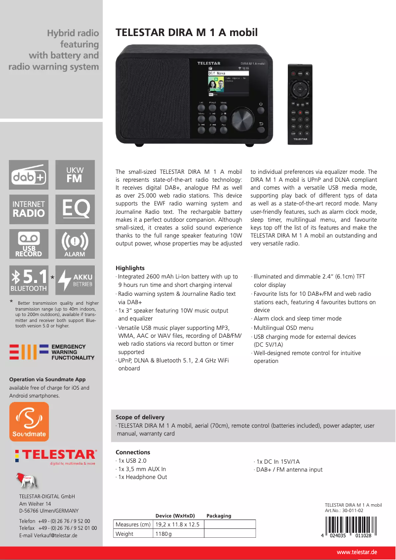 Imagen de la primera página del manual del dispositivo DIRA M 1 A
