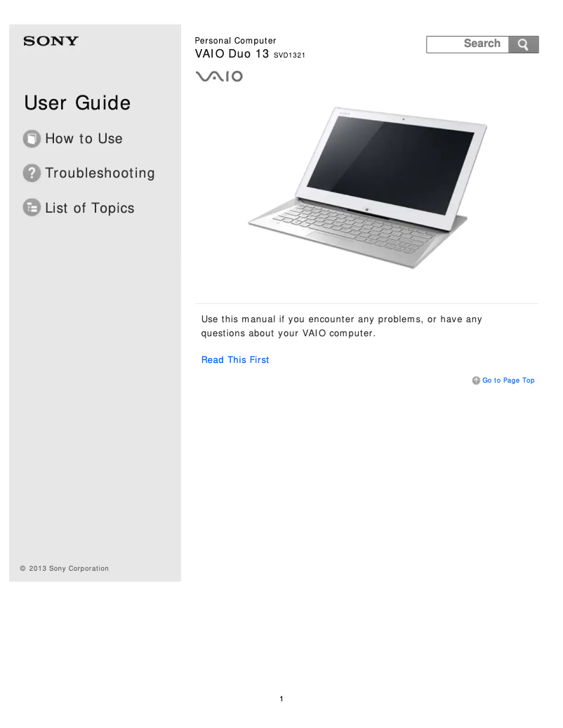 Imagen de la primera página del manual del dispositivo Vaio Duo 13 SVD13215PXW