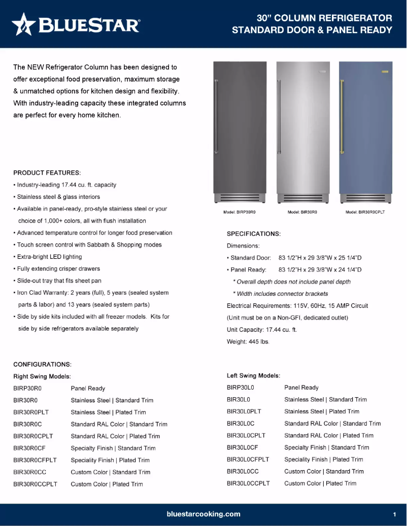 Página 1 del manual Ficha técnica BlueStar BIR30R0