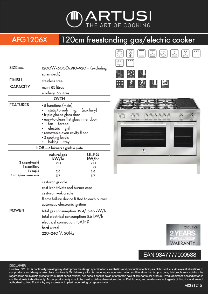 Página 1 del manual Ficha técnica Artusi AFG1206X