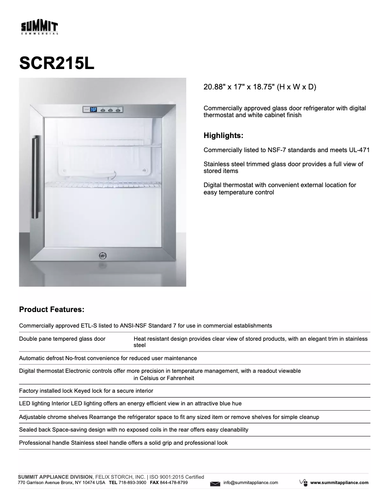 Página 1 del manual Ficha técnica Summit SCR215L