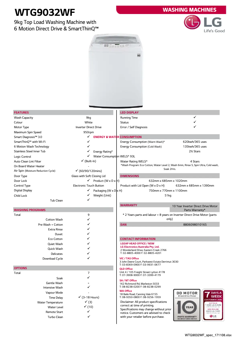 Página 1 del manual Ficha técnica LG WTG9032WF