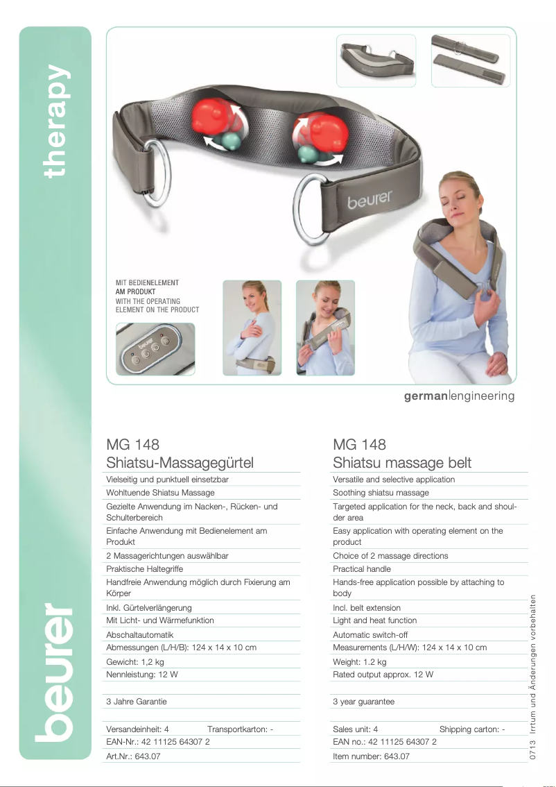 Página 1 del manual Ficha técnica Beurer MG 148