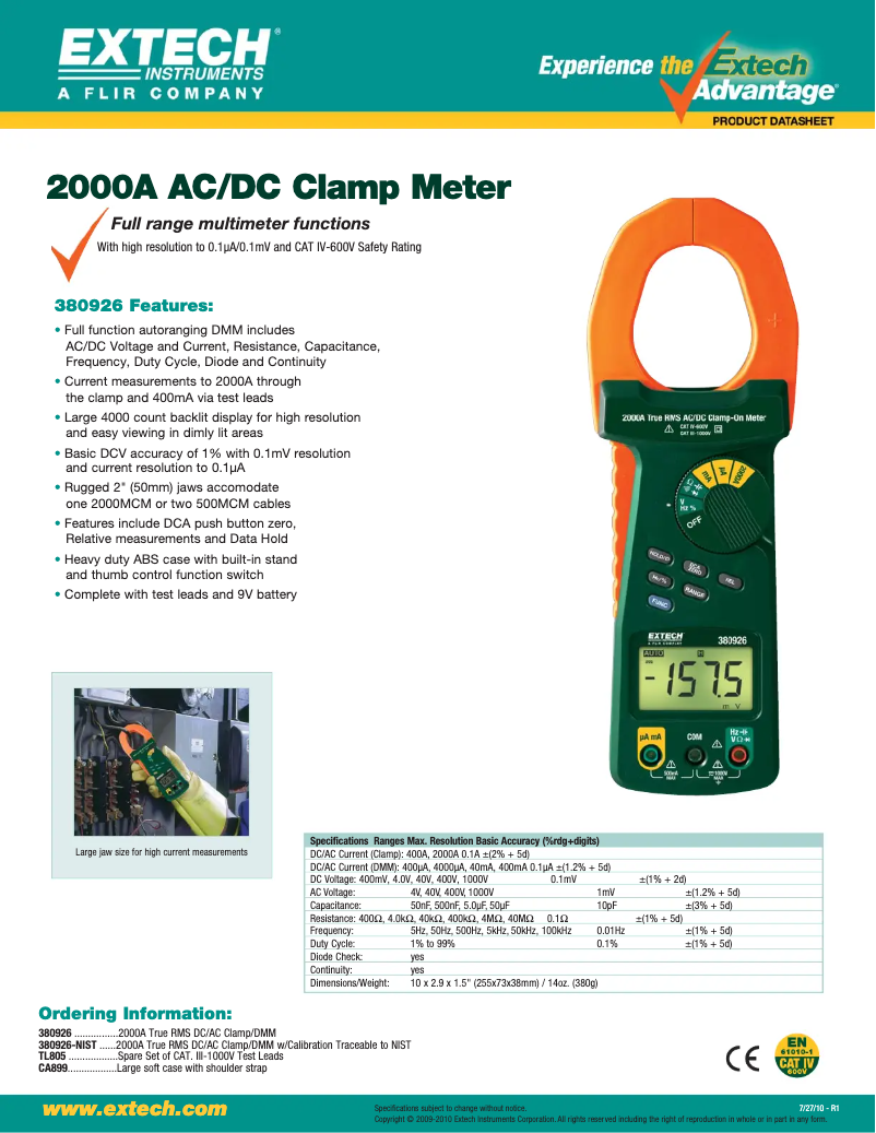 Página 1 del manual Ficha técnica Extech 380926