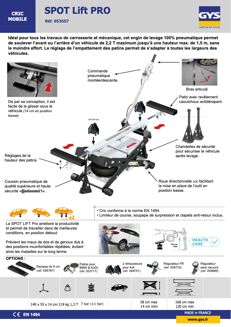 Página 1 del manual Ficha técnica GYS Spot Lift PRO