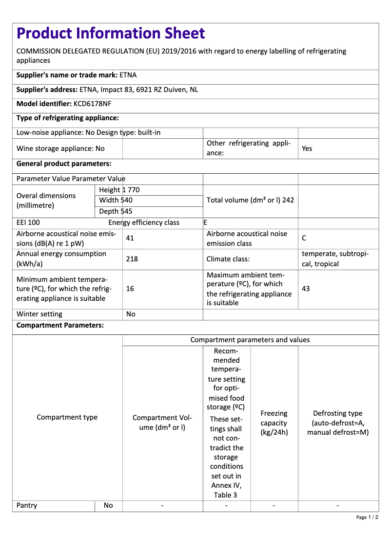 Página 1 del manual Ficha técnica Etna KCD6178NF