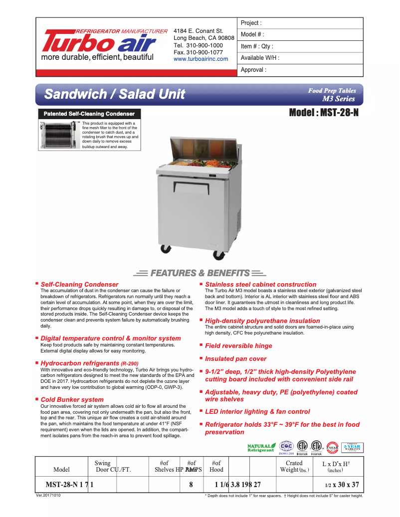 Página 1 del manual Ficha técnica Turbo air MST-28