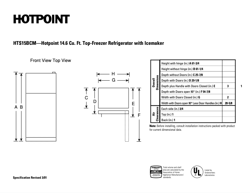 Página 1 del manual Ficha técnica Hotpoint HTS15BCMLAA