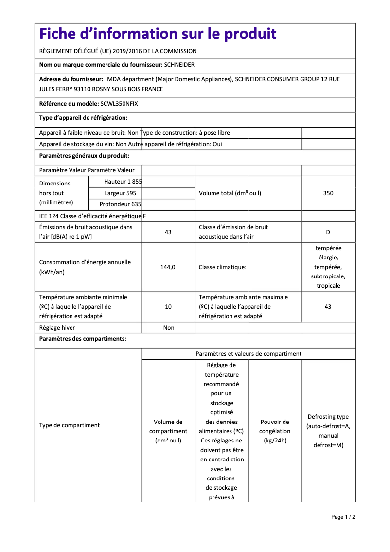 Página 1 del manual Ficha técnica Schneider SCWL350NFIX