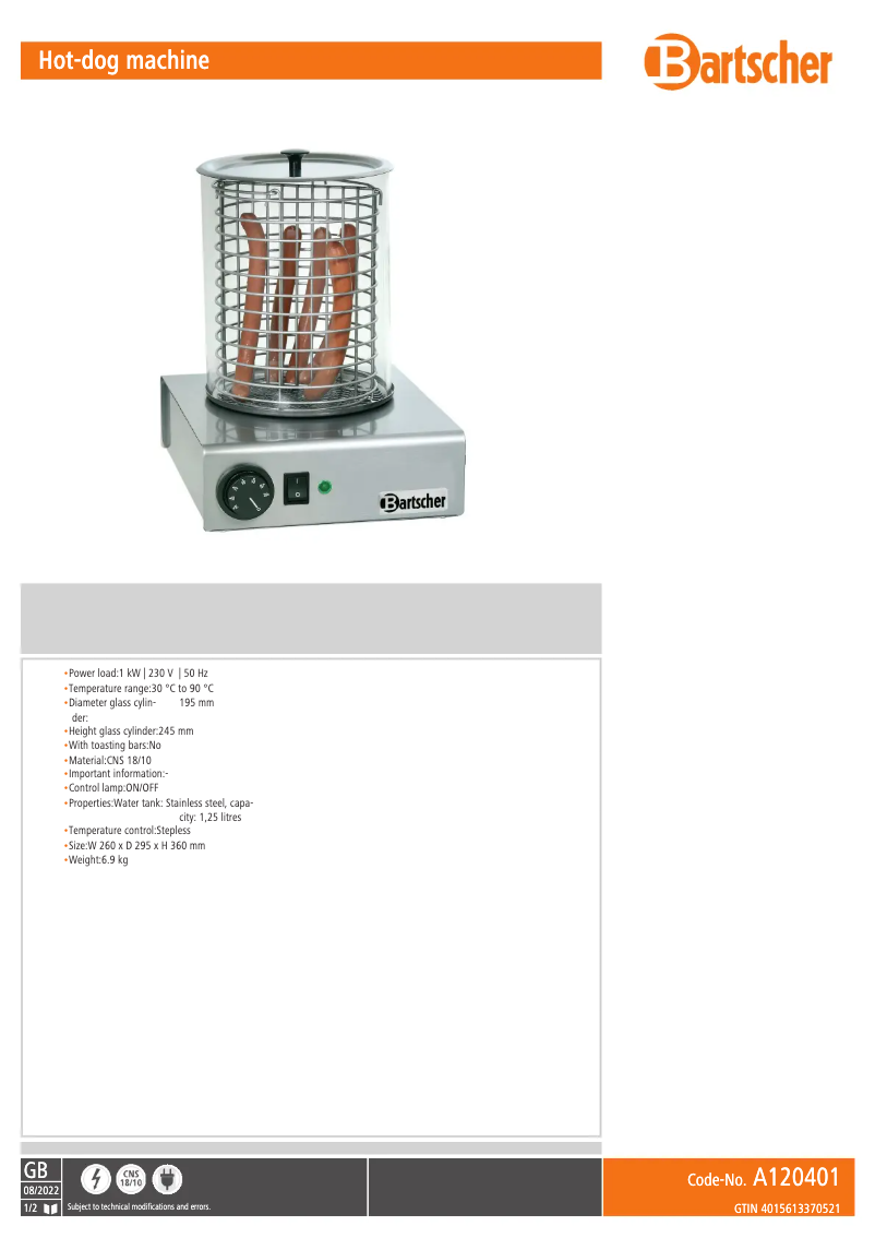 Página 1 del manual Ficha técnica Bartscher A120401