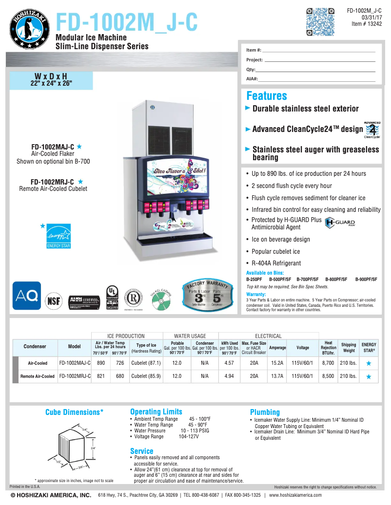 Página 1 del manual Ficha técnica Hoshizaki FD-1002MAJ-C