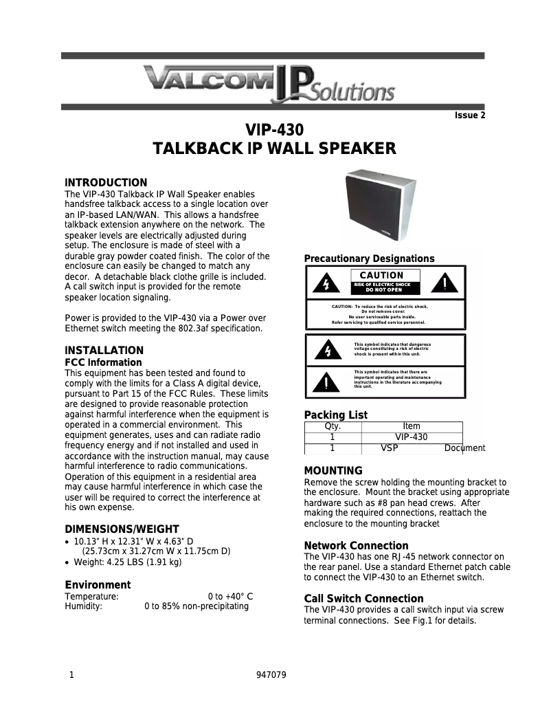 Imagen de la primera página del manual del dispositivo VIP-430