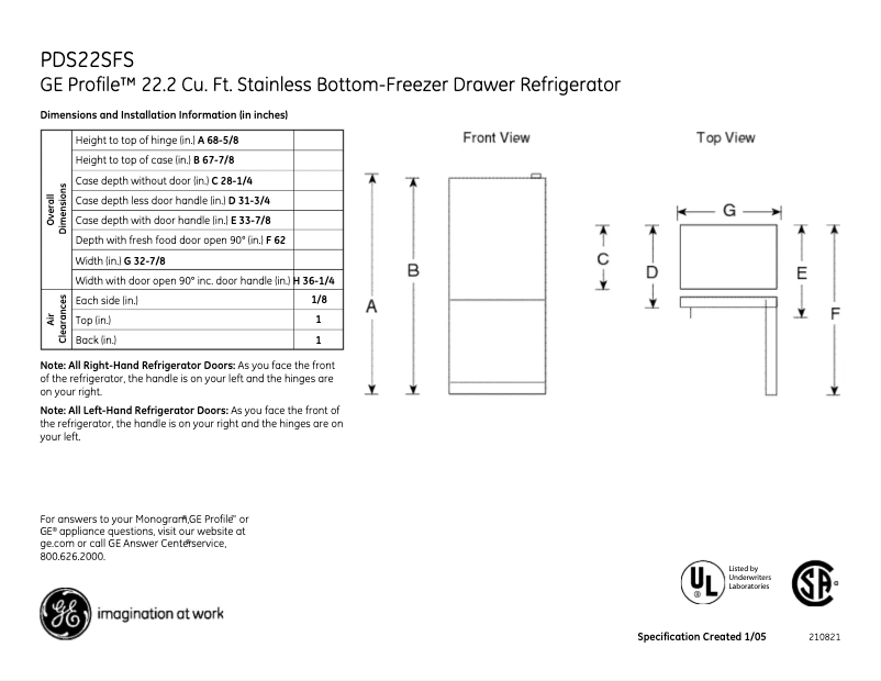Página 1 del manual Ficha técnica GE Profile PDS22SFSLSS