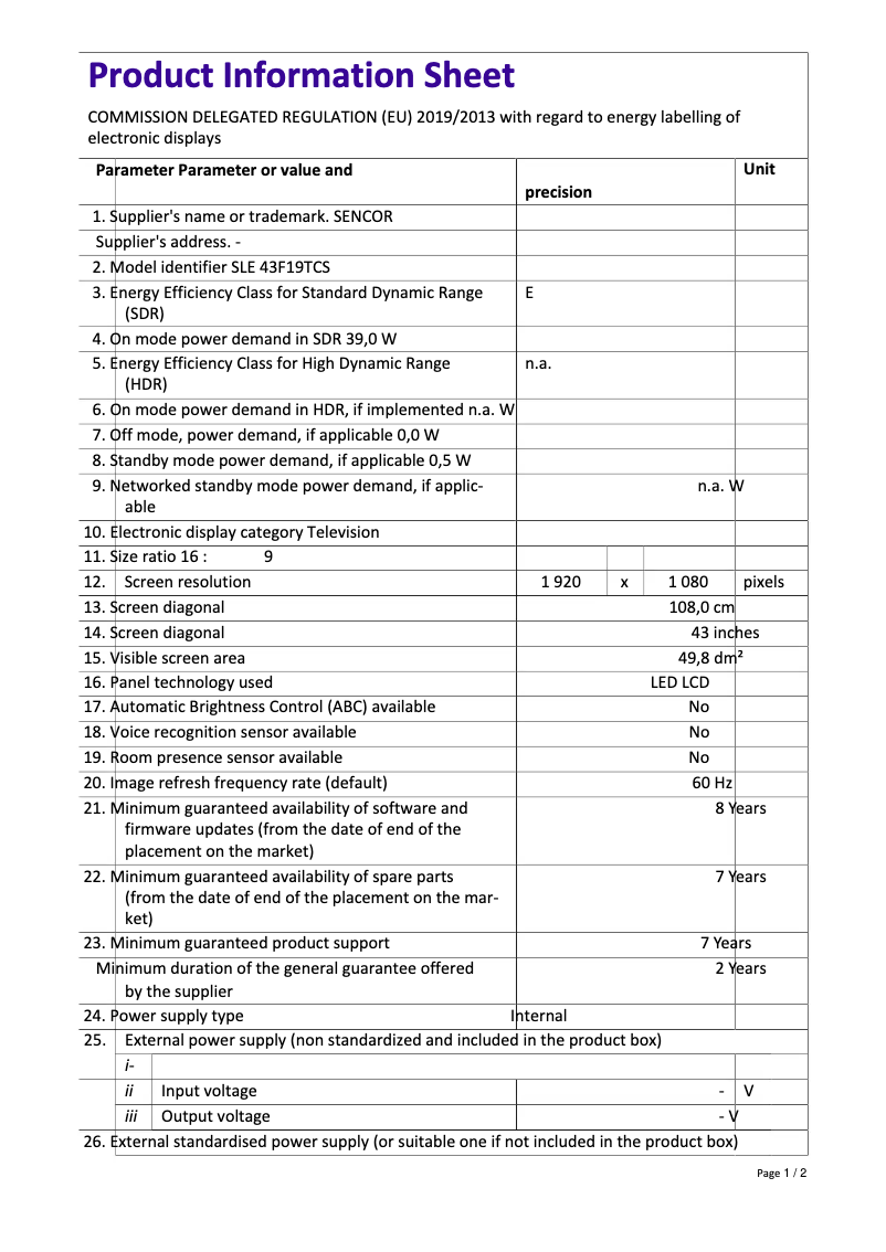 Imagen de la primera página del manual del dispositivo SLE 43F19TCS