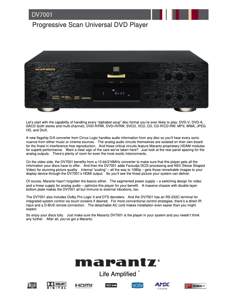 Página 1 del manual Ficha técnica Marantz DV7001