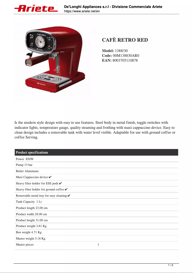 Página 1 del manual Ficha técnica Ariete Cafe Retro 1388