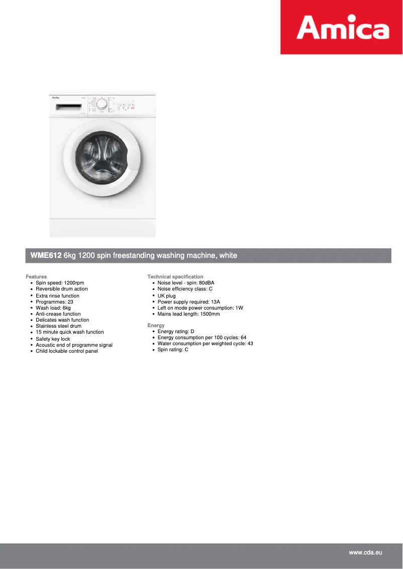Página nº 1 - Ficha técnica Amica WME612