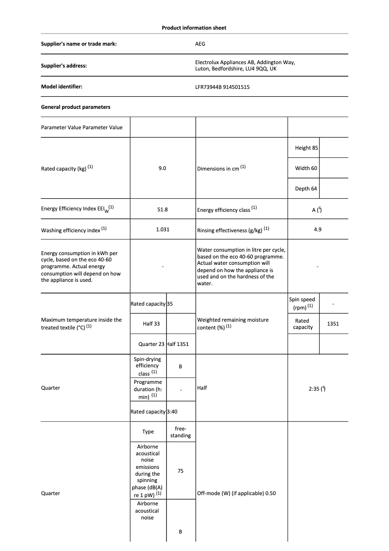 Página 1 del manual Ficha técnica AEG LFR73944B