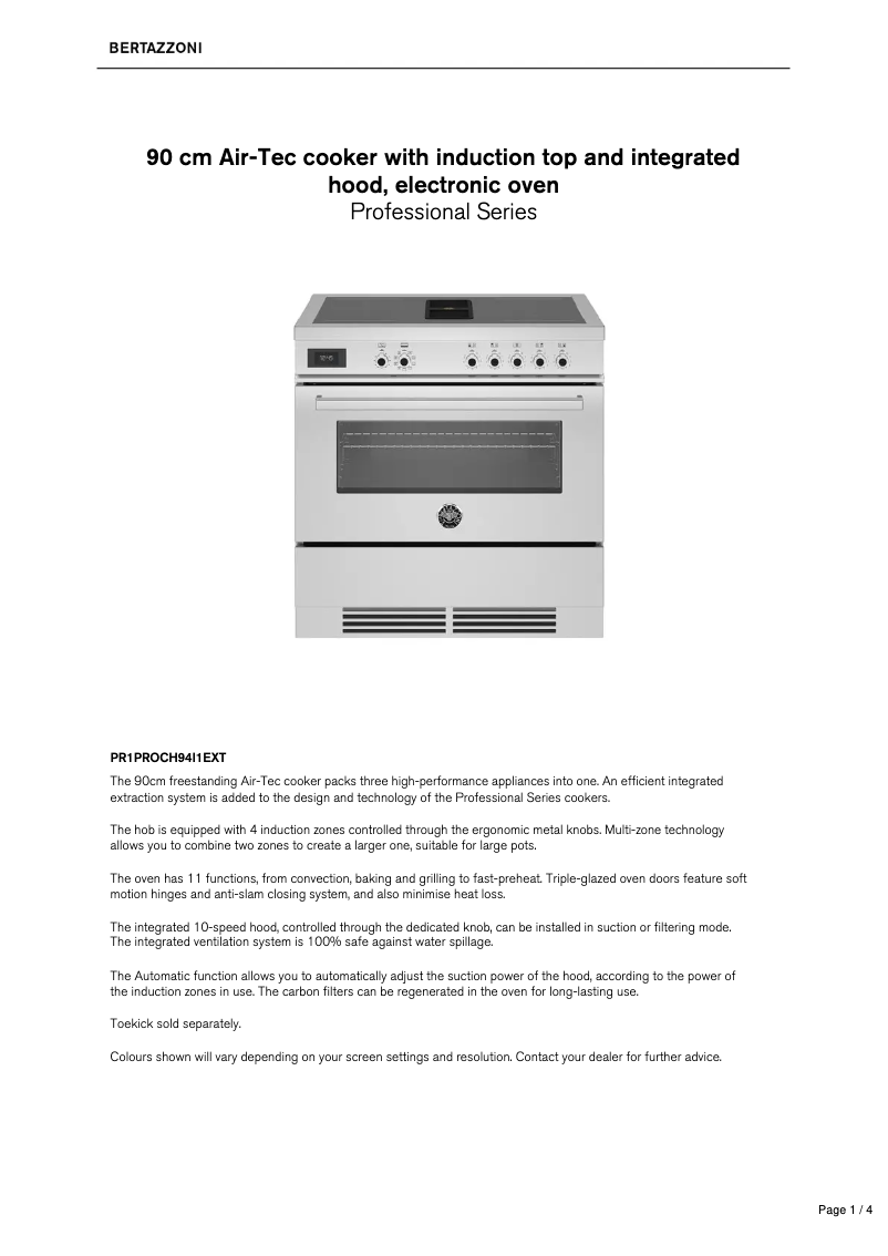 Página 1 del manual Ficha técnica Bertazzoni PR1PROCH94I1EXT