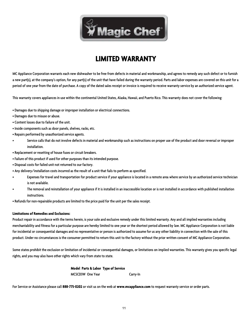 Página 1 del manual Información de garantía Magic Chef MCSCD3W