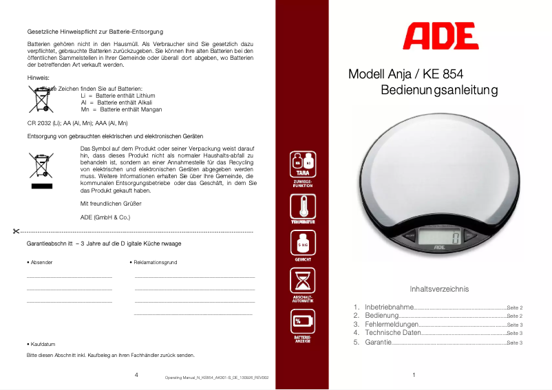 Página 1 del manual Manual de usuario ADE Anja KE 854