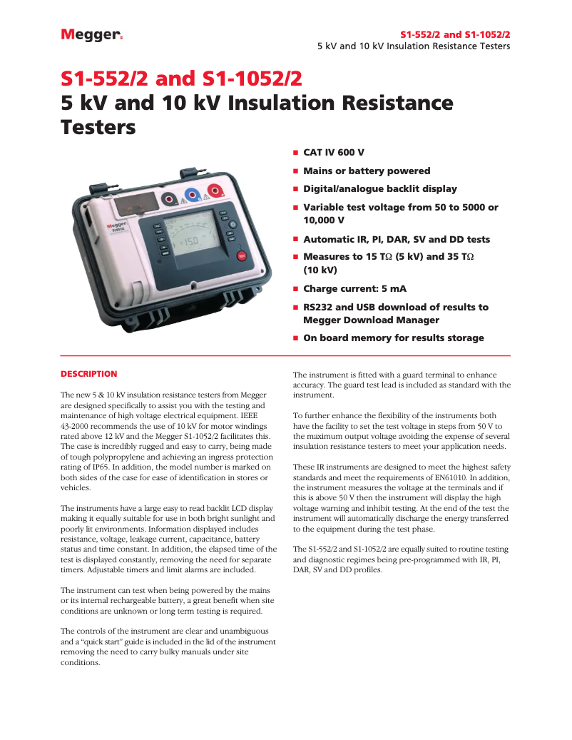 Página 1 del manual Ficha técnica Megger S1-552/2