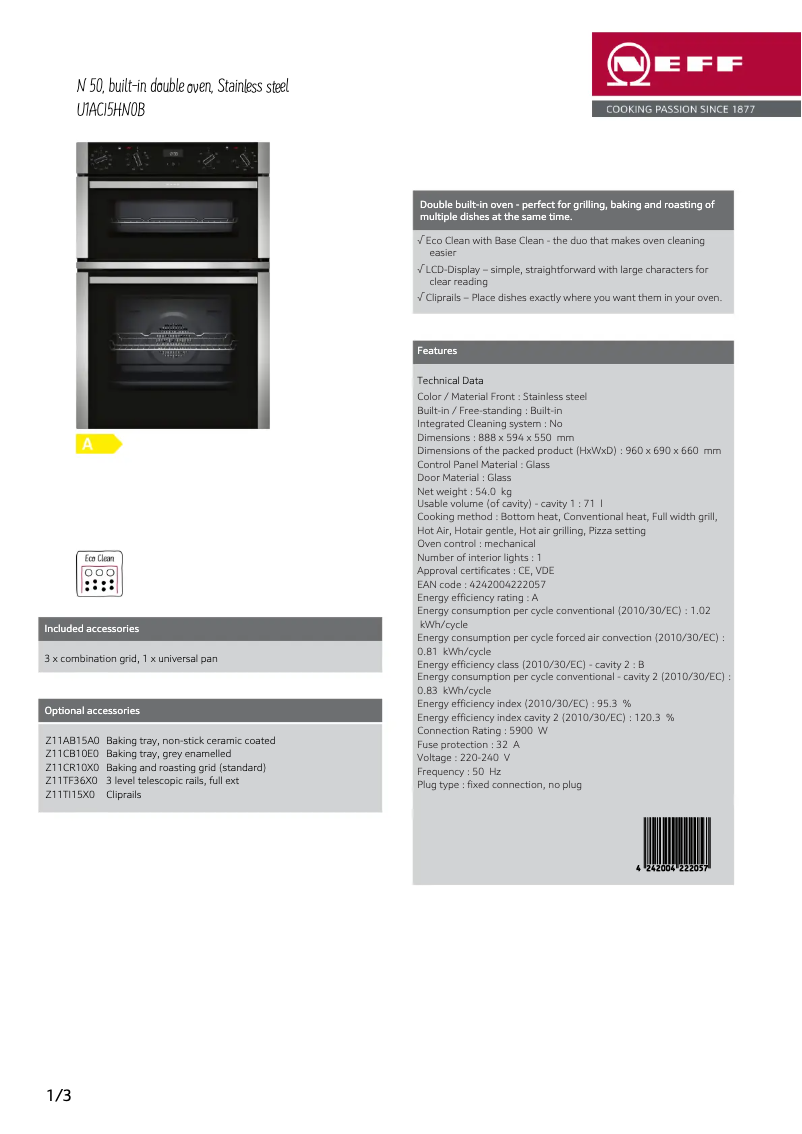 Página 1 del manual Ficha técnica Neff U1ACI5HN0B