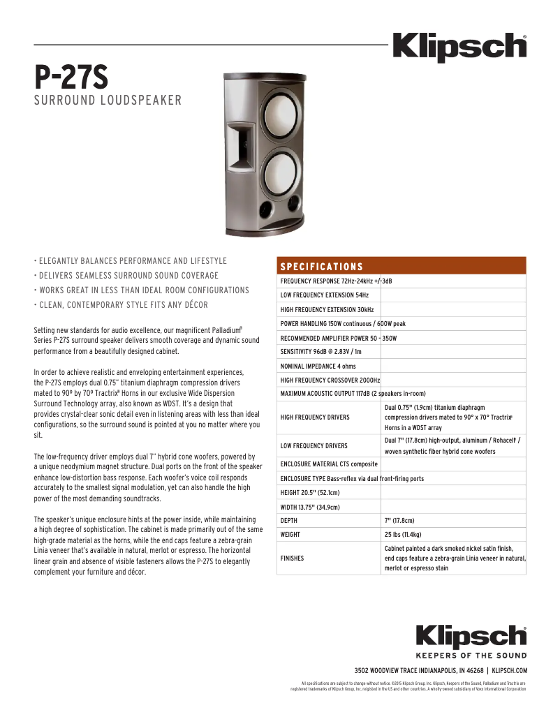 Página 1 del manual Ficha técnica Klipsch Palladium P-27S