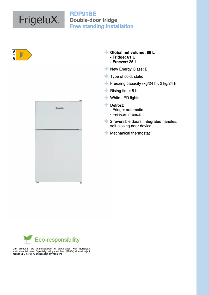 Página 1 del manual Ficha técnica FrigeluX RDP91BE