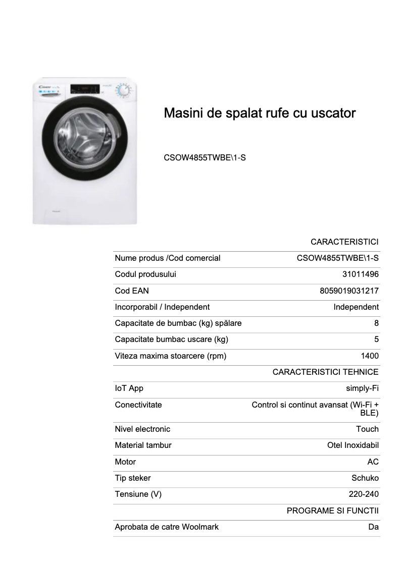 Página 1 del manual Ficha técnica Candy CSOW4855TWBE\1-S