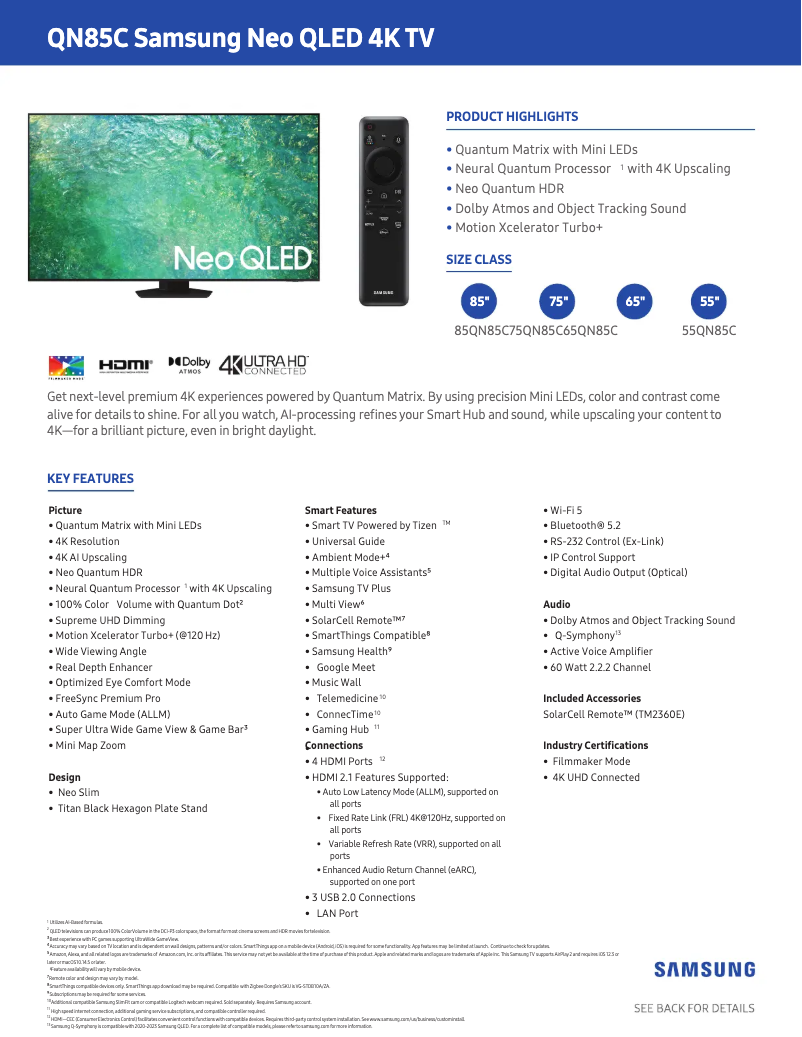 Página 1 del manual Ficha técnica Samsung QN65QN85CAF