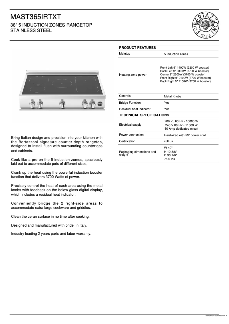 Página 1 del manual Ficha técnica Bertazzoni MAST365IRTXT