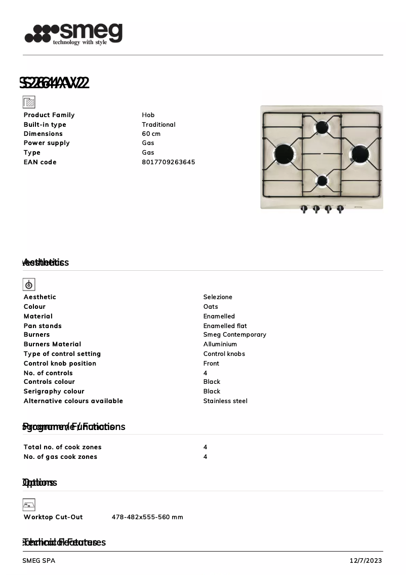 Página 1 del manual Ficha técnica Smeg S264AV2