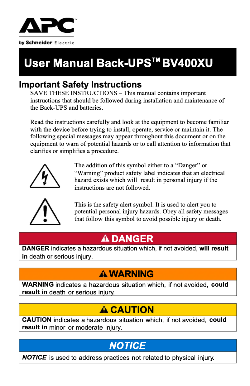 Página 1 del manual Manual de usuario APC Back-UPS BV400XU
