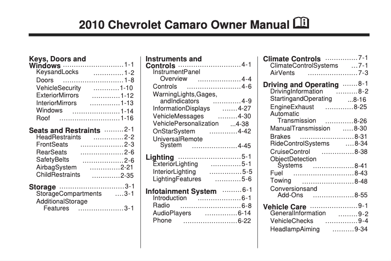 Página 1 del manual Manual de usuario Chevrolet Camaro (2010)